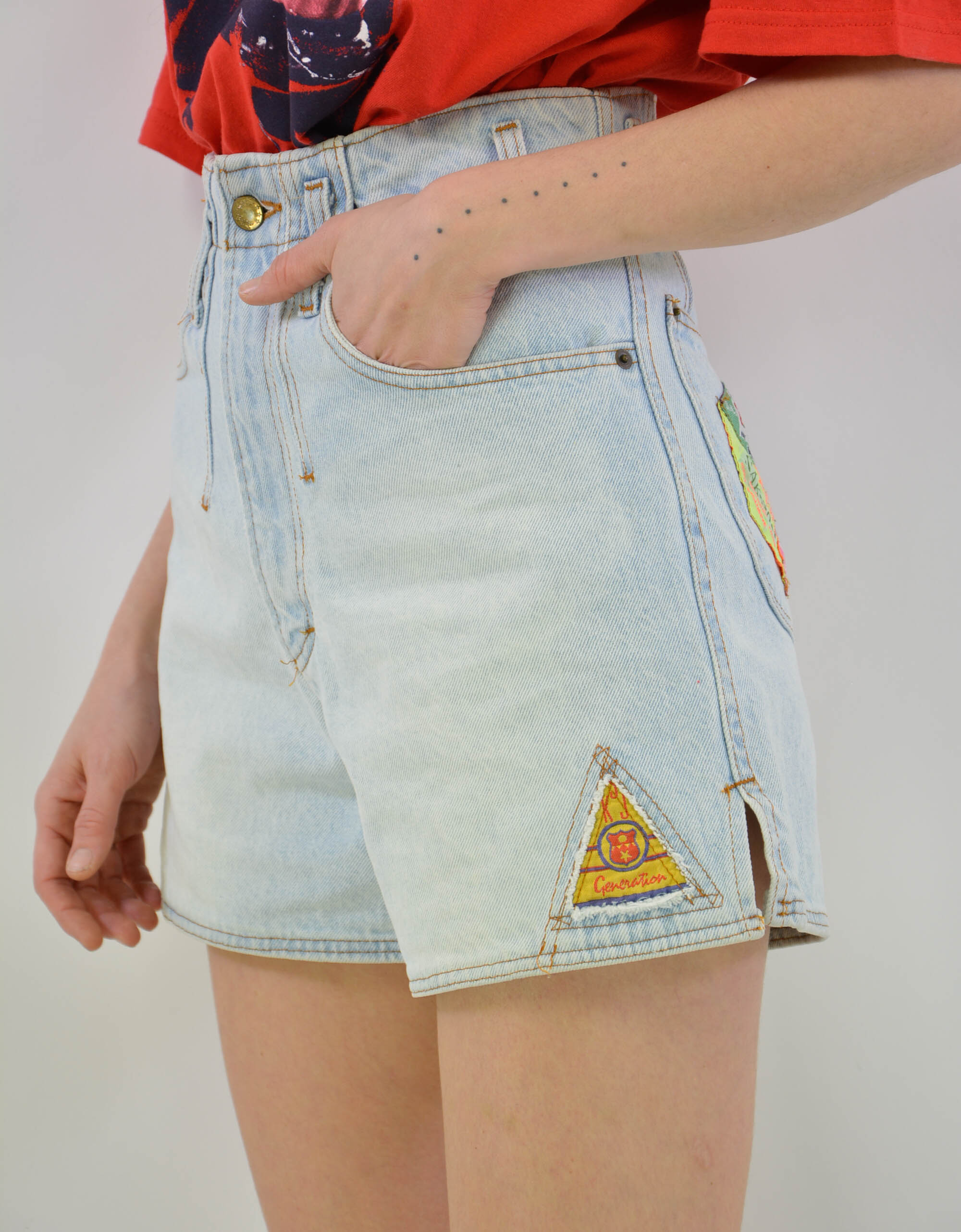 1980's Vintage Extra Mini Skirt: 80s -Extra- Womens medium blue, shades of  red, green and white cotton mini western style skirt. Denim jeans upper  half with front and back pockets, a ruffled