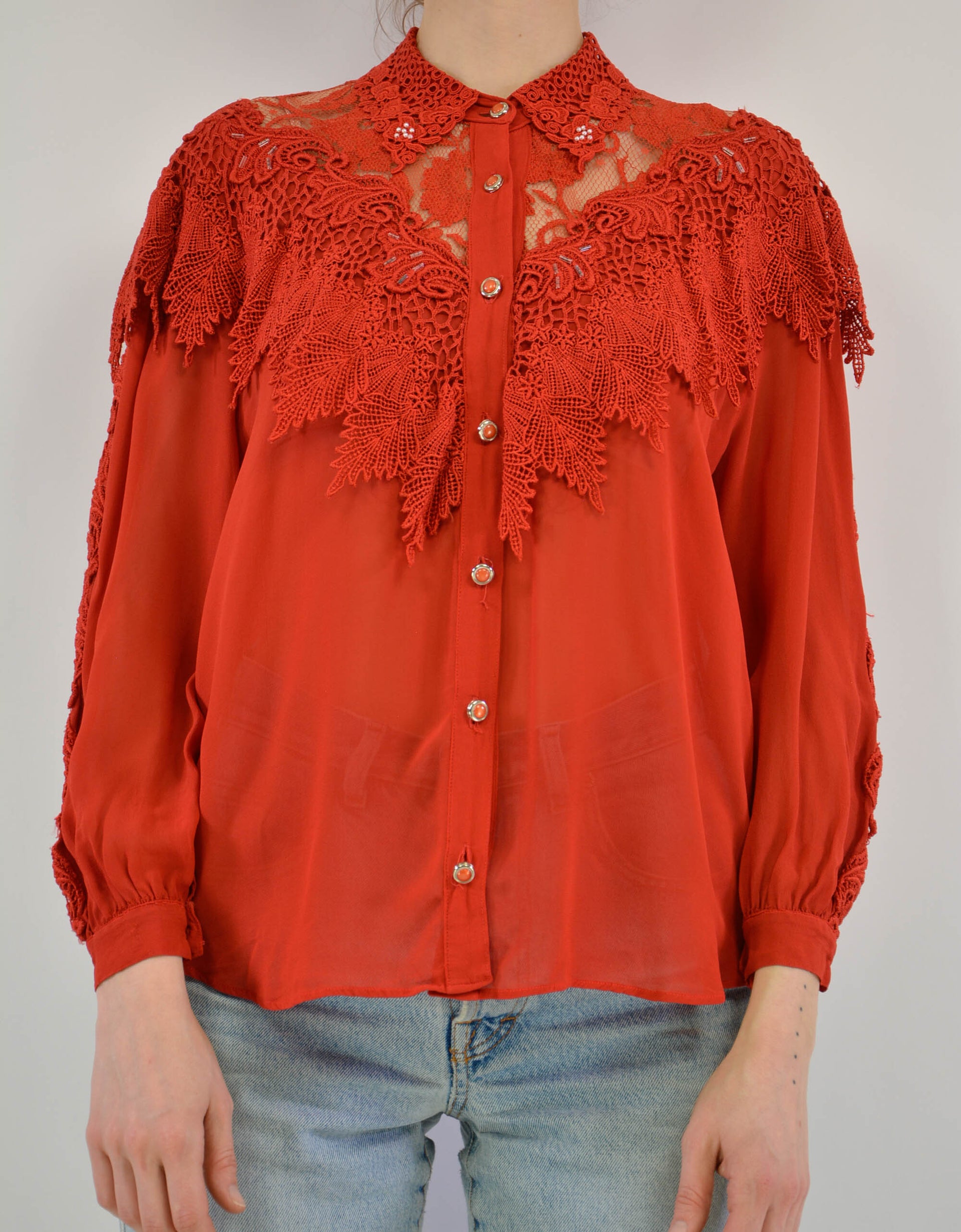 Red embroidered ruffle blouse - PICKNWEIGHT - VINTAGE KILO STORE